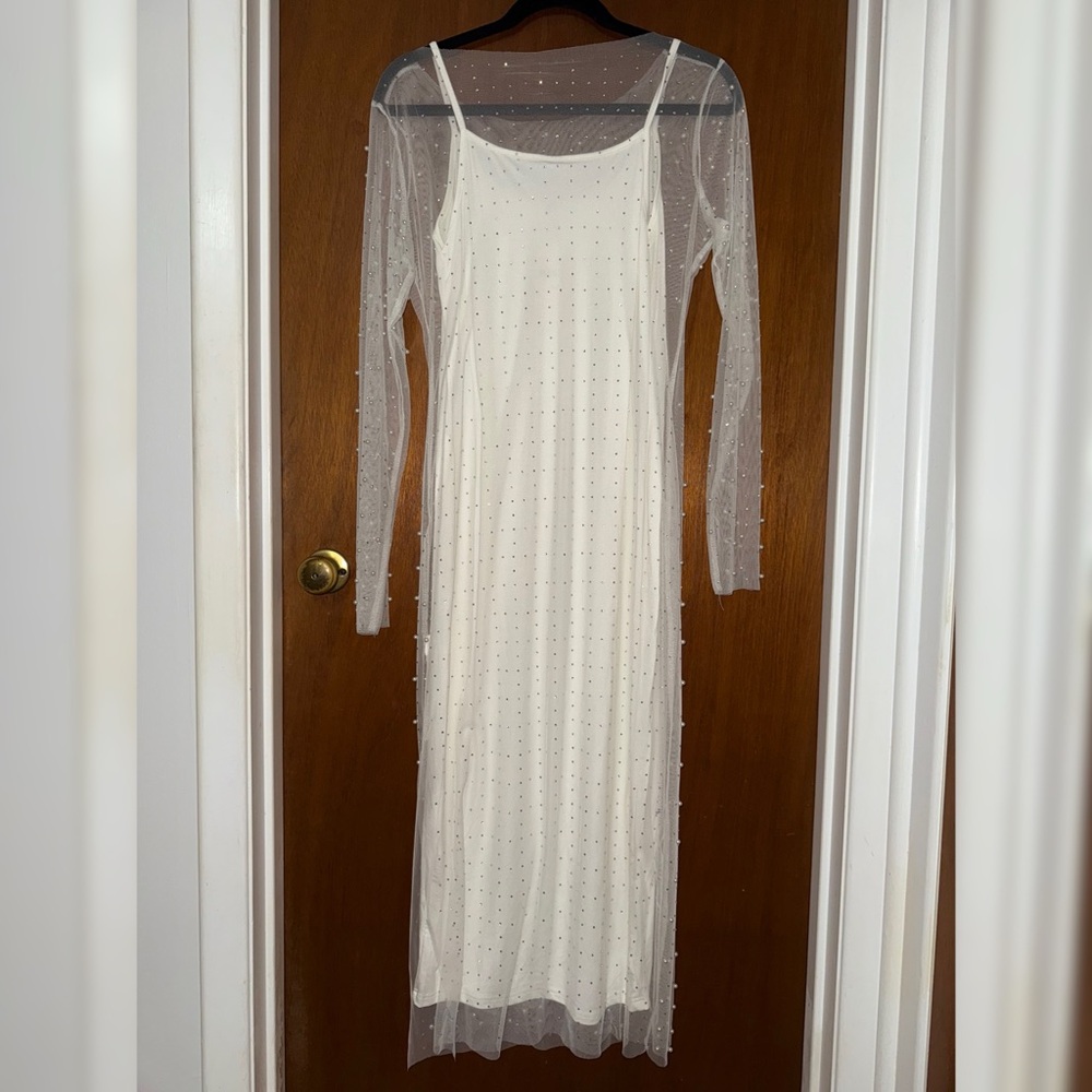 White Sheer Pearl Dress with White Bodycon Dress - Picture 2 of 4